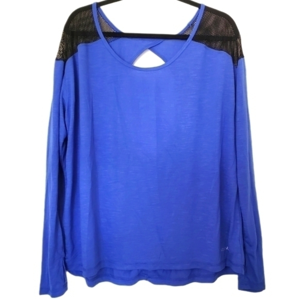 Adore Me NWT Women's Blue Active‎ Top with Black Mesh Yoke & Cutout Back